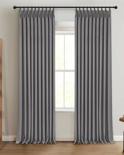 100% Blackout Shield Linen Look Textured Pinch Pleated Curtains Blackout Drapes 90 Inch Long 2 Panels Set, Faux Linen Blackout Curtains for Bedroom & Living Room, 40" W x 90" L, Dark Grey
