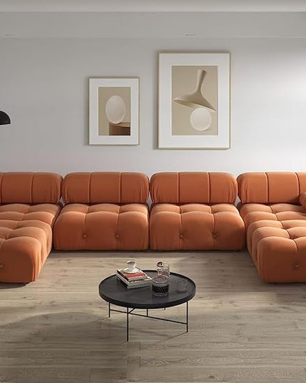 JACH U-Shaped Modular Sectional Couch, 138"" Minimalist Velvet Sofas, Convertible Couches, Mid-Century Modern Sectional Sofa with Chaise Ottomans for Living Room Apartment (Orange), 105OR-U-U