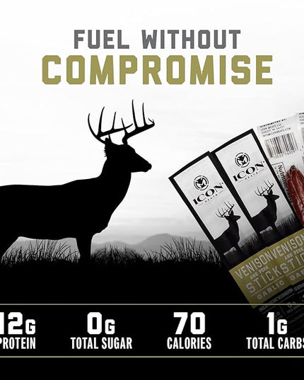 ICON Meats Venison and Pork Snack Sticks, Garlic Flavor, 24 Pack High Protein Snacks, Sugar Free, Natural Jerky Meat Sticks, Gluten Free, USDA Inspected, Made in the USA, Gifts & Stocking Stuffers