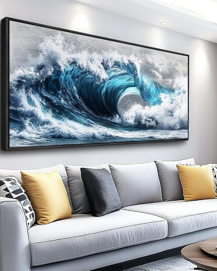 PHAOHUAXM Blue Wave lPaintings Wall Art For Living Room Wall Decor For Bedroom Ocean Inspiration Wall Pictures Office Decor Posters Modern Printing Canvas Artwork Home Decor Black Framed 20x40 In