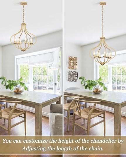 18‘’ Antique Gold Farmhouse Chandelier, 6 Light Dining Room Light Fixtures Modern Industrial Candle Pendant Lights Kitchen Island, Bedroom, Foyer, Living Room, Entryway