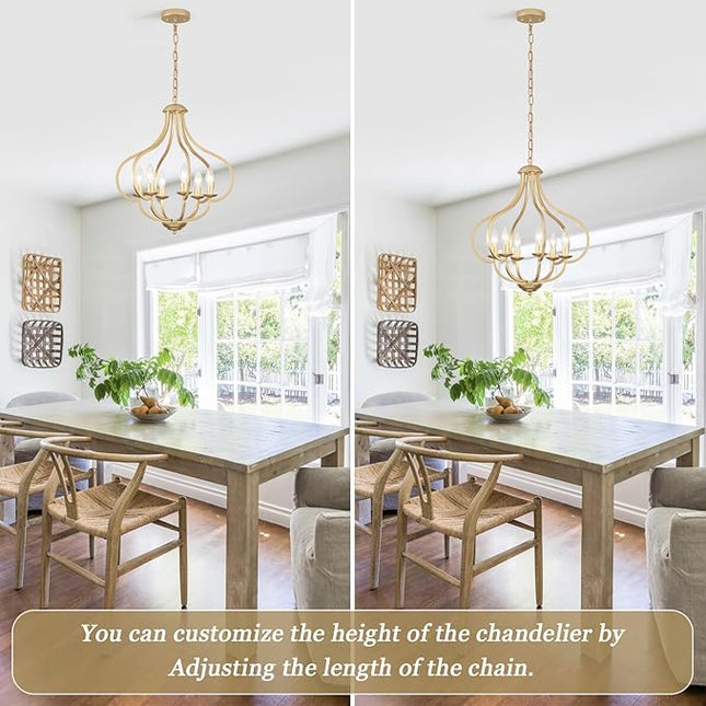18‘’ Antique Gold Farmhouse Chandelier, 6 Light Dining Room Light Fixtures Modern Industrial Candle Pendant Lights Kitchen Island, Bedroom, Foyer, Living Room, Entryway
