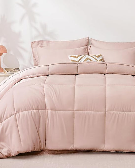 Love's cabin Queen Comforter Set Blush Pink, 7 Pieces Queen Bed in a Bag, All Season Bedding Sets with 1 Comforter, 1 Flat Sheet, 1 Fitted Sheet, 2 Pillowcase and 2 Pillow Sham