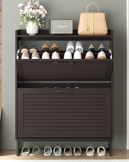 Maupvit Shoe Storage Cabinet with 2 Flip Louvered Doors, Freestanding Organizer with Metal Legs, Shoe Cabinet for Entryway, Narrow Shoe Rack Cabinet, Espresso Color