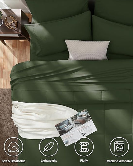 CozyLux King Size Comforter Set Olive Green, 7 Pieces Bed in a Bag, Green Comforter King Size, All Season Bedding Sets with Stitch Quilted Comforter, Flat Sheet, Fitted Sheet, Pillowcases