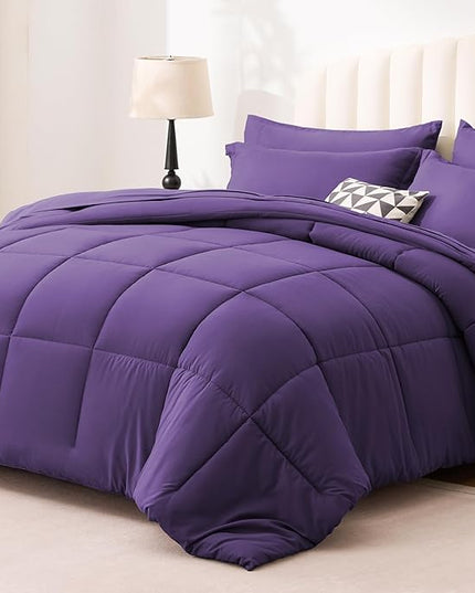 Love's cabin California King Comforter Set Dark Purple, 7 Pieces California King Bed in a Bag, All Season Bedding Sets with 1 Comforter, 1 Flat Sheet, 1 Fitted Sheet, 2 Pillowcase and 2 Pillow Sham