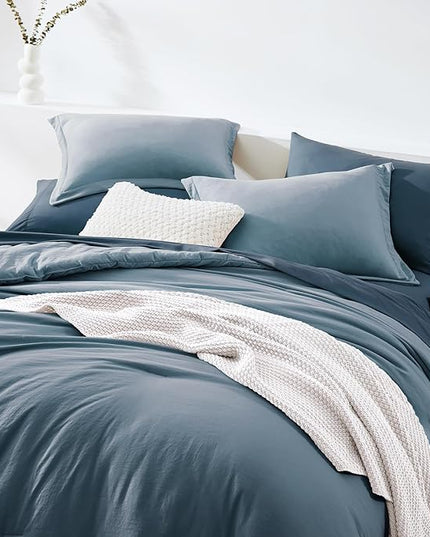 WRENSONGE Queen Comforter Set- 7 Pieces Soft Oxford Blue Bed in a Bag with Fitted Sheet, Flat Sheet, 2 Pillow Shams, and 2 Pillowcases- Warm Bedding Sets Queen for All Season