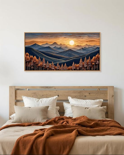 HOURIA Boho Wilderness Sunset Woodland Mountain Framed Canvas Wall Art Set,Vintage Golden Hour Forest Landscape Decor,Natural Modern Pine Tree Botanical Artwork for Living Room,Farmhouse- 40"x20"x1