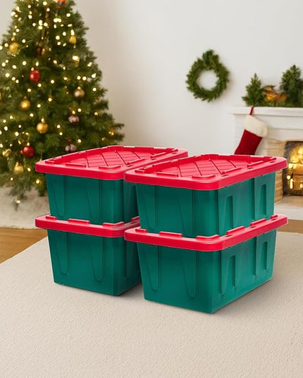 HOMZ 4-Pack Durabilt Tote, Heavy Duty Plastic Storage Bins with Lids, 15 Gallon, Green/Red - Stackable Organizing Containers for Home, Garage, and Office