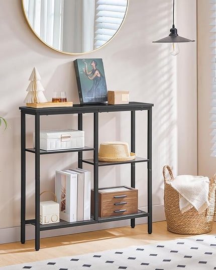 HOOBRO Narrow Console Table, Sofa Table, 4-Tier Industrial Entryway Table with Metal Mesh Shelf, Hallway Table with Adjustable Feet, for Entryway, Living Room, Hallway, Black BB79XG01