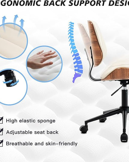 Armless Desk Chair with 360°Swivel Wheels, Ergonomic Adjustable Height Computer Chair for Home Office,PU Leather with Modern Walnut Drafting Chairs for Office, Reading Nook(Beige)