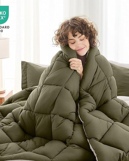 MUXHOMO 7 Pieces King Comforter Set, Reversible Bed in a Bag King Size, All Season Bedding Set with Comforter, Flat Sheet, Fitted Sheet, Pillowcases & Shams, Olive Green & Beige