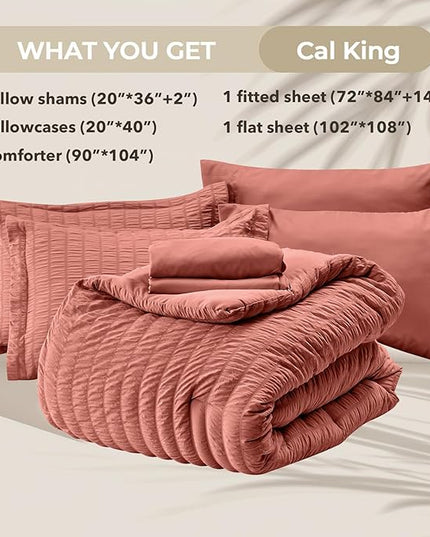 HYMOKEGE Coral California King Comforter Set Seersucker 7 Pieces, All Season Luxury Bed in a Bag for Bedroom, Bedding Set with Comforter, Sheets, Pillowcases & Shams