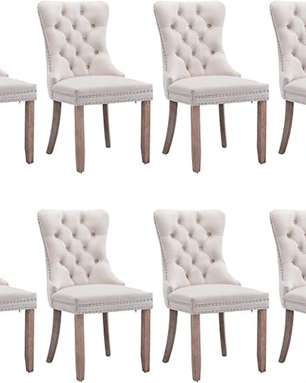 SoarFlash Velvet Dining Chair Set of 8, Upholstered Tufted Dining Room Chair with Nailhead Trim and Solid Wood Leg for Kitchen (Beige)
