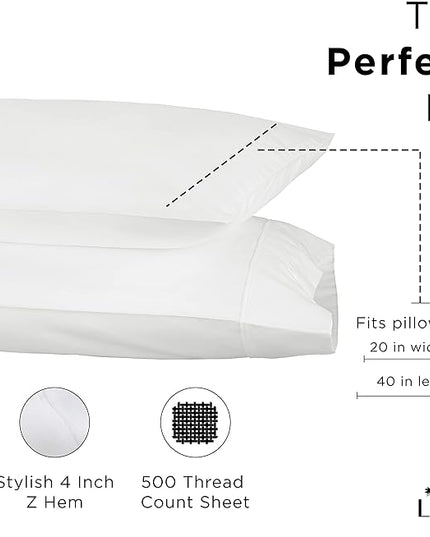 Linen Home 500 Thread Count King Pillowcase Set | 100% Long-Staple Cotton Pillow Cases | Soft & Smooth Luxury Satin Set of 2 Pillowcases | 4 Inch Z Hem | White
