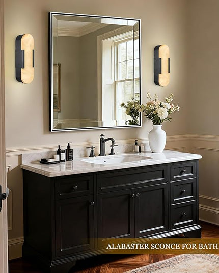 Alabaster Wall Sconce, 13.8" Natural Marble Wall Sconce, Black Alabaster Sconces Set of Two, Indoor Modern Bathroom Sconces Wall Lighting for Living Room, Bedroom, Hallway, Stairs