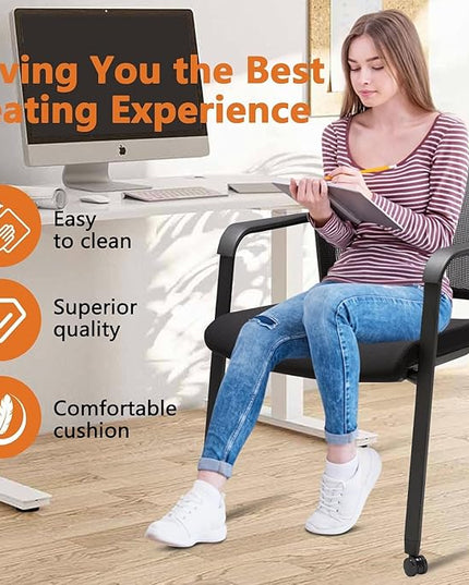 CLATINA Mesh Back Guest Reception Arm Chairs with Wheels, Waiting Room Chairs with Upholstered Fabric Seat and Ergonomic Lumbar Support for Office, 8PK