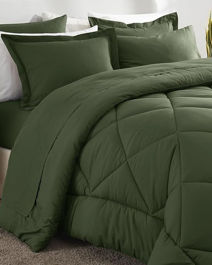 CozyLux Queen Comforter Set Olive Green - Bed in a Bag Queen Size 7 Pieces, Luxury Soft Bed Set for All Seasons, Bedding Set with Down Alternative Comforter, Sheets, Pillowcases & Shams