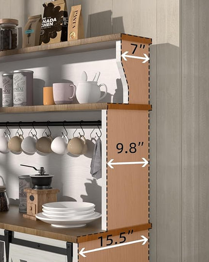 Farmhouse Coffee Bar Cabinet with 3 Tier Storage Hutch, 47'' Coffee Bar Station with Sliding Barn Door, Hutch Storage Cabinet with 9 Wine Racks & 9 Hooks for Kitchen Dining Living Room
