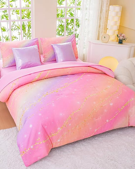 Rainbow Bedding Set Twin Size – 7 Piece Reversible Girls Comforter with Deep-Pocket Sheet, Gradient Galaxy Design, Whole-Piece Filling, Machine Washable Bed-in-a-Bag for Kids Room Makeover & Gifts