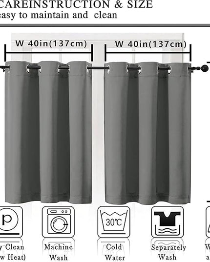 Simplebrand Light Grey Short Cafe Curtains 36 Inch Length 2 Panels Set, Half Window Grommet Privacy Drape Tiers for Kitchen, Thermal Insulated Room Darkening Curtains for Bathroom Shades, W40 x L36