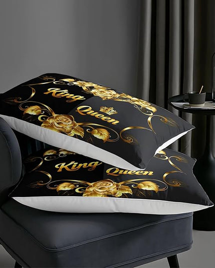 AILONEN King and Queen Crown Comforter Set Queen Size, Golden Rose Flower Pattern Bedding Set for Girls Teens,Black and Gray Duvet Set for Bedroom Decor,3 Pieces,1 Qulit and 2 Pillowcases,Soft
