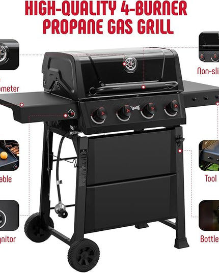 4-Burner Gas BBQ Grill with Side Table, 36,000 BTU Outdoor Propane Grill with Enameled Coated Chamber Body, Premium Porcelain-Enameled Grates for Backyard, Patio, Camping Barbecue, Black