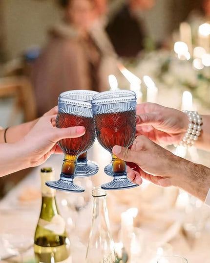 24 Pack Vintage Wine Glasses, Plastic Reusable 12 Ounce Colored Water Goblets, Unique Flower Embossed Pattern Unbreakable Stemmed Wine Glasses High Clear Wedding Party Bar Drinking Cups Blue