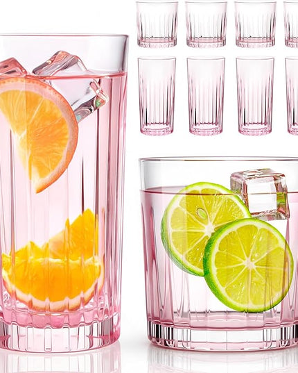 Laerjin Drinking Glasses Set of 8, 12 oz Highball Glasses & 10 oz Cocktail Glasses Set, Glassware Drinking Glasses, Glassware Sets for Cocktail, Beer, Wine, Whiskey, Water & Juice Drinkware(Pink)