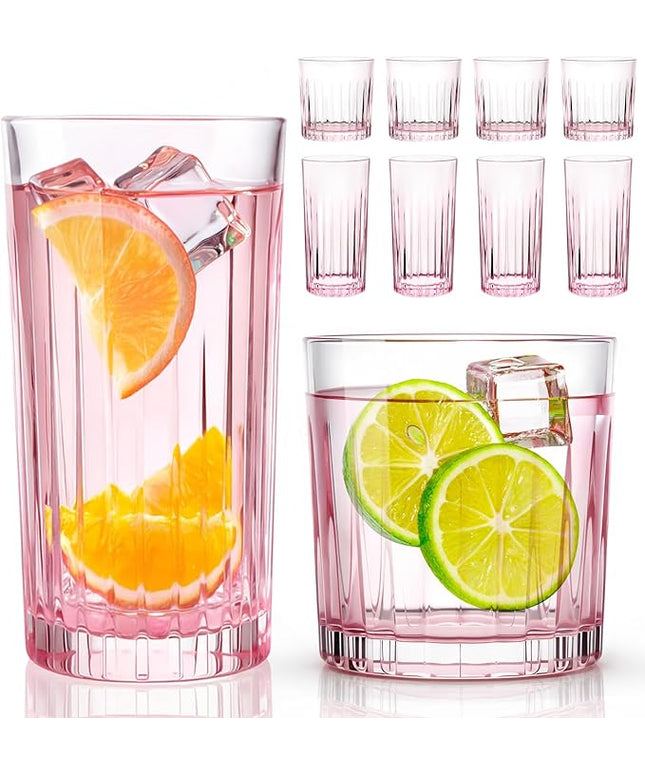 Laerjin Drinking Glasses Set of 8, 12 oz Highball Glasses & 10 oz Cocktail Glasses Set, Glassware Drinking Glasses, Glassware Sets for Cocktail, Beer, Wine, Whiskey, Water & Juice Drinkware(Pink)