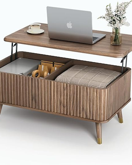 Lift Top Coffee Table with Storage, Mid Century Modern Coffee Table with Solid Wood Legs, 38" Minimalist Fluted Center Table for Living Room, Home Office, Walnut