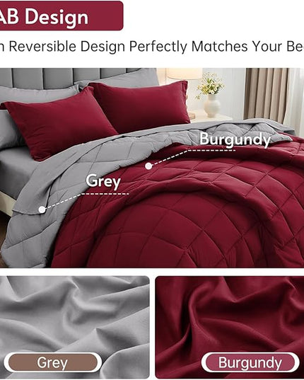 MUXHOMO 7 Pieces Full Comforter Set, Reversible Bed in a Bag Full Size, All Season Bedding Set with Comforter, Flat Sheet, Fitted Sheet, Pillowcases & Shams, Burgundy & Grey