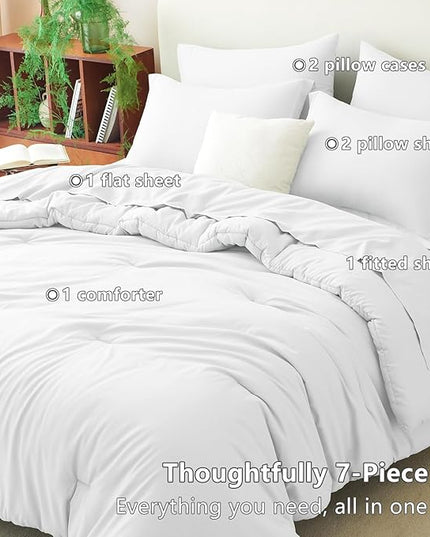 CozyLux Full Comforter Set White, 7 Pieces Bed in a Bag Soft Bedding Comforter Set with Sheets, All Season Boho 7PC Bed Sets with Comforter, Fitted Sheets, Flat Sheets, Pillow Shams and Pillowcases