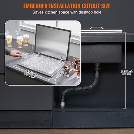 VEVOR Drop in Ice Chest, 20" L x 16" W x 13" H Stainless Steel Ice Cooler, Commercial Ice Bin with Hinged Cover, 40 qt Outdoor Kitchen Ice Bar, Drain-Pipe and Drain Plug Included, for Cold Wine Beer