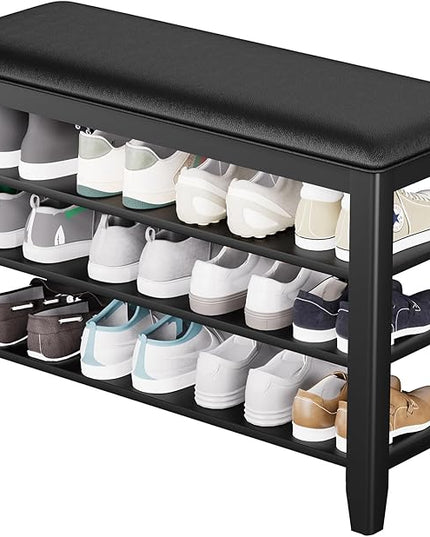 Entryway Shoe Storage Bench with Leather Cushion, Shoe Organizer Bench for Entryway, Ideal for Hallways Front Doors Entrances Mudrooms Featuring Rubberwood And 3 Height-Adjustable & Removable Shelve