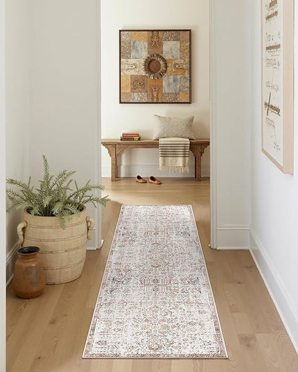 jinchan Kalen Runner Rug 2x5 Washable Hallway Rug Vintage Indoor Thin Retro Floor Cover Distressed Floral Country Lightweight Non Slip Carpet for Entryway Bathroom Kitchen Bedroom Living Room Red