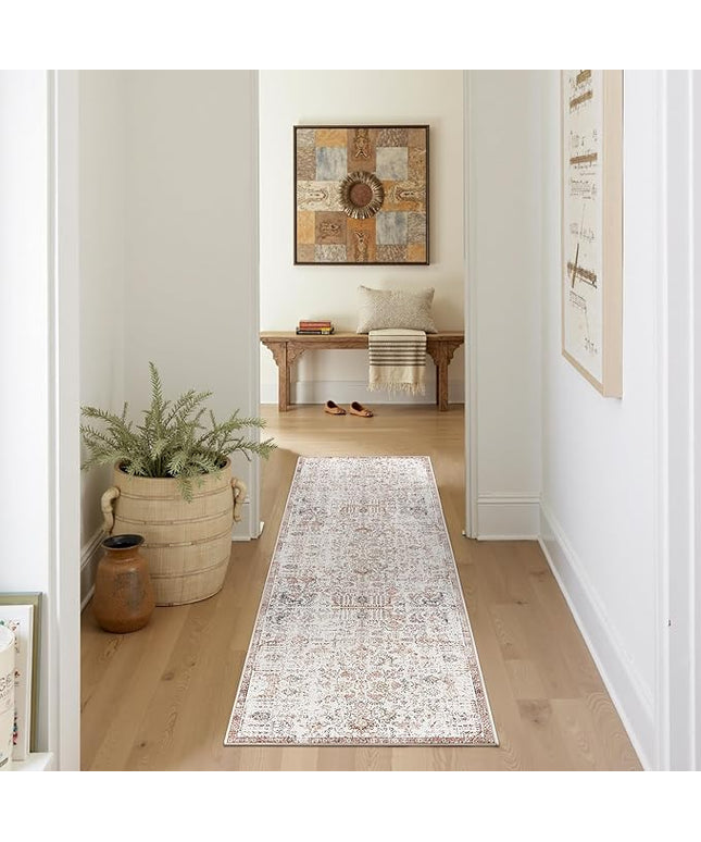 jinchan Kalen Runner Rug 2x5 Washable Hallway Rug Vintage Indoor Thin Retro Floor Cover Distressed Floral Country Lightweight Non Slip Carpet for Entryway Bathroom Kitchen Bedroom Living Room Red