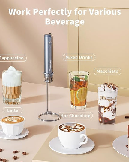 Maestri House Rechargeable Milk Frother with Stand, LunaFro Handheld Electric Foam Maker Waterproof Detachable Stainless Steel Whisk Drink Mixer Foamer for Lattes, Cappuccino