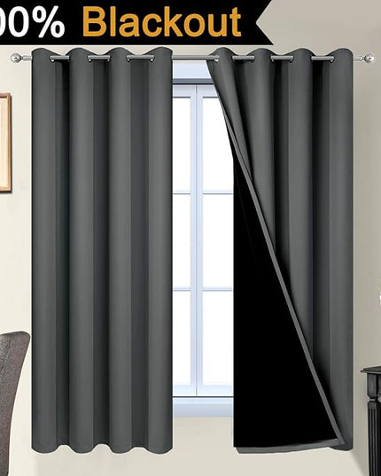 Yakamok 63 Inches Long Dark Gray 100% Blackout Curtains, Noise Reducing Window Drapes,Room Darkening Curtain Panels with Black Liners for Bedroom(Dark Grey, 2 Panels, 52W x 63L)