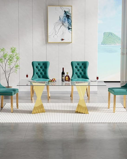 5 Piece Glass Dining Table Set,70" Dinner Room Glass Table Set for 4,Modern Kitchen Dinner Table Set with Stainless Steel Base and 4 Upholstered Velvet Dining Chairs for Living Dining Room