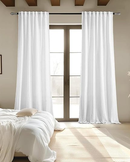 MIULEE White Linen Curtains 100 Inch Long 2 Panels for Bedroom Living Room, Soft Thick Linen Textured Back Tab Window Drapes Semi Sheer Light Filtering Rod Pocket Modern Farmhouse Decor