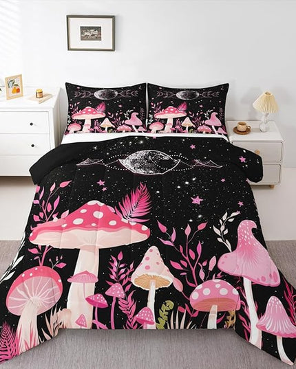 Mushroom Kids Comforter Set King Size,Sun Moon Starry Sky Planet Romantic Bedding Set,Boys Girls Adults Room Decor,Plants Leaves Boho Trippy Down Comforter,Pink Dreamy Duvet Insert,2 Pillowcases