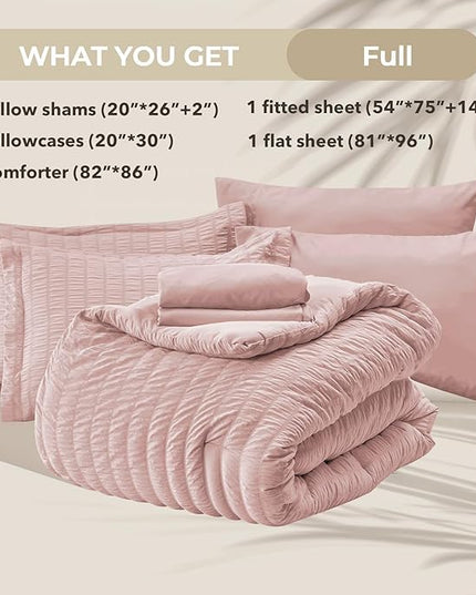HYMOKEGE Rose Gold Full Size Comforter Sets Seersucker 7 Pieces, All Season Luxury Bed in a Bag for Bedroom, Bedding Set with Comforters, Sheets, Pillowcases & Shams