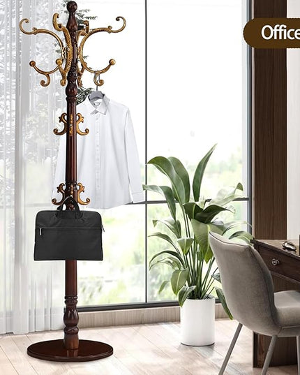 Coat Rack Freestanding, Wooden Coat Tree with Stable Round Base, Vintage Heavy Duty Coat Rack Stand with 14 Hooks, Coat Hanger Stand for Bedroom, Office, Entryway (Vintage)