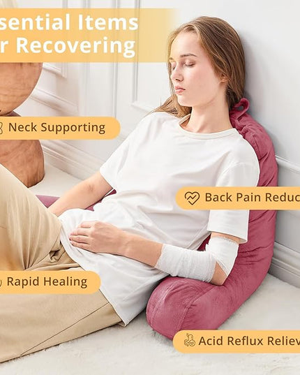 Sasttie Reading Pillow, Velvet Back Pillow for Bed Sitting Up, Adult Back-Rest Support Cushion with Arms for Sit Up on Couch, Sofa, and Floor, Dorm Essentials, Reading Accessories, Rose Pink