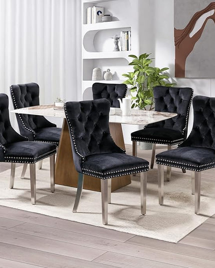 SoarFlash Velvet Dining Chair Set of 8, Upholstered Tufted Dining Room Chair with Nailhead Trim and Solid Silver Plated Leg for Kitchen (Black)