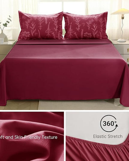 MUXHOMO Burgundy Full Comforter Set, Elegant Floral Print Bed in a Bag 7 Pieces, Ultra Soft & Breathable Reversible Botanical Pattern Bedding Set with Comforter, Sheets, Pillowcases, and Shams
