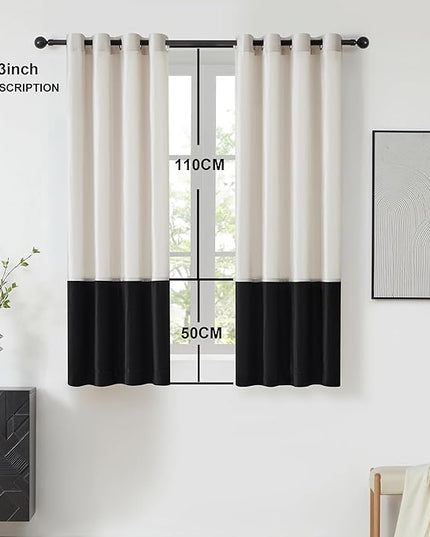 BULBUL Cream Black Color Block Window Curtains Panels 63 inches Long Velvet Farmhouse Drapes for Bedroom Living Roomm Darkening Treatment with Grommet Set of 2
