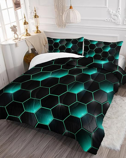 Geometric Black Green Neon Comforter Set,Light Honeycomb 3 Piece Bedding Set King for Teen Boys,Modern Bedding Quilt Set Geometry Decor,Microfiber Lightweight 1 Comforter 2 Pillowcases All Season