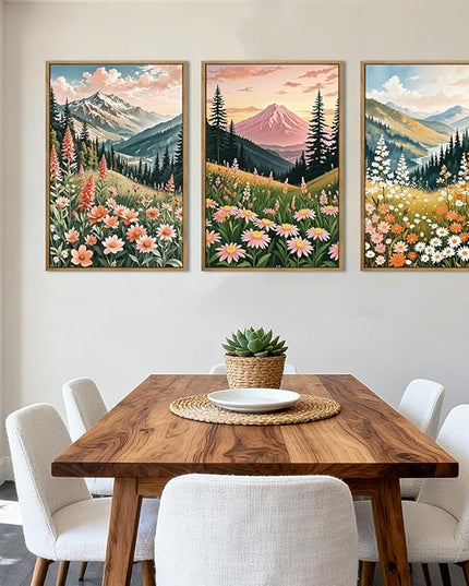 ANHUIB Colorful Landscape Wall Art 16x24 Inch Abstract Mountain Forest Wall Decor Wildflower Blossom Artwork Nature Scenery Painting Set of 3 for Living Room Bedroom Dining Room